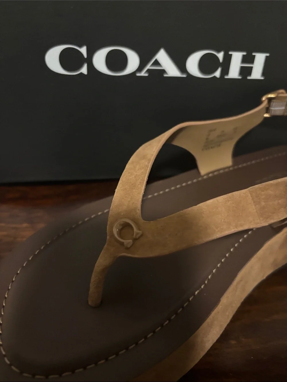 Coach Men's Tan Suede Platform Thong Sandals with Buckle